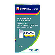 Изображение товара Сумамед форте порошок д/приг суспензии для приема внутрь 200 мг/5 мл вкус банановый 16,74 г 1 шт