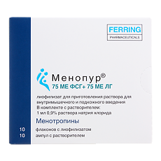 Купить Менопур лиофилизат д/приг.р-ра для в/м и п/к введ. 75 ме фсг+75 ме лг фл 10 шт+р-ль амп.1 мл 10 шт. ферринг цена