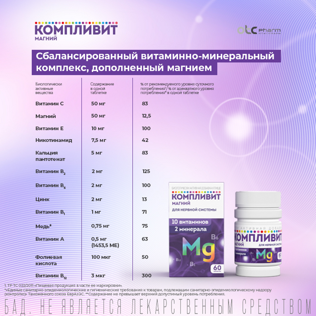 Компливит Магний таблетки массой 735 мг 60 шт - купить, цена и отзывы,  Компливит Магний таблетки массой 735 мг 60 шт инструкция по применению,  дешевые аналоги, описание, заказать в Москве с доставкой на дом