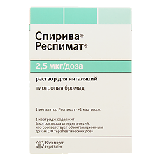 Изображение товара Спирива раствор для ингаляций 2,5 мкг/доза 4 мл (60 доз) картриджи в комплекте с ингалятором 1 шт