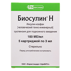 Купить Биосулин Н суспензия для п/к введ 100 ме/мл картридж 3 мл 5 шт цена