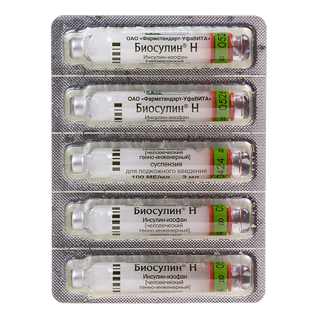 Биосулин Н суспензия для п/к введ 100 ме/мл картридж 3 мл 5 шт