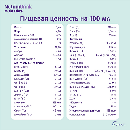 NutriniDrink Multi Fibre с пищевыми волокнами готовая смесь с нейтральным вкусом 200 мл 1 шт