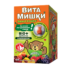 Купить ВитаМишки BIO+ пребиотик жевательные пастилки массой 2500 мг с ароматом вишни, или персика, или винограда, или малины 60 шт цена