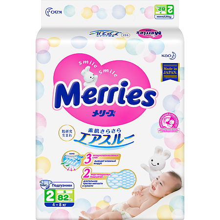 Изображение товара Merries Подгузники размер S (4-8 кг) 82 шт