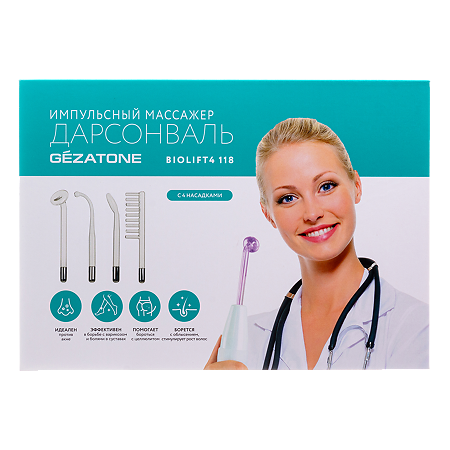 Изображение товара Gezatone Дарсонваль Biolift4 118 импульсный массажер с 4 сменными насадками 1 шт