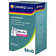 Купить Сумамед форте порошок д/приг суспензии для приема внутрь 200 мг/5 мл вкус малиновый 35,573 г 1 шт цена
