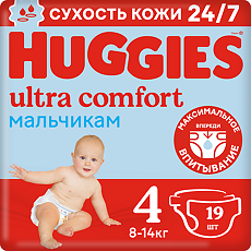 Купить Huggies Подгузники Ultra Comfort 4 для мальчиков 8-14 кг 19 шт цена