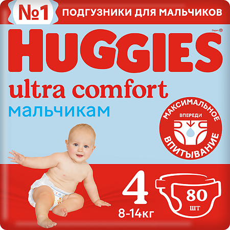 Huggies Подгузники Ультра Комфорт р.4 8-14 кг для мальчиков 80 шт
