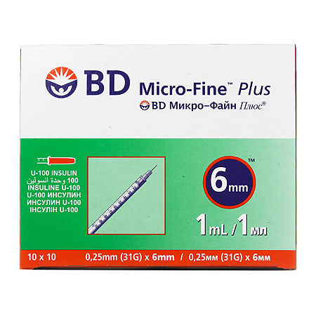 Шприц инсулиновый BD Micro-Fine Plus 1мл/U-100 31G (0,25 мм х 6 мм), 100 шт.