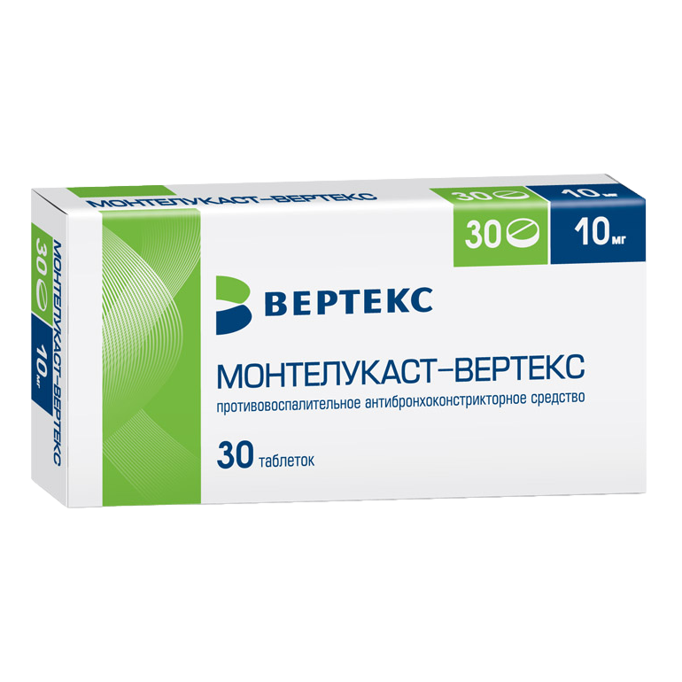 Изображение товара Монтелукаст Вертекс таблетки 10 мг 30 шт противовоспалительный препарат от астмы и ринита Изображение товара Монтелукаст Вертекс таблетки 10 мг 30 шт противовоспалительный препарат от астмы и ринита