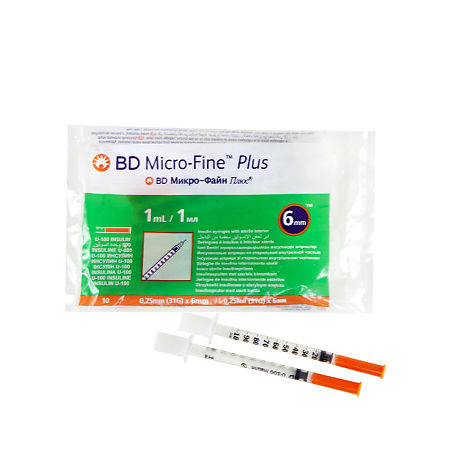 Шприц инсулиновый BD Micro-Fine Plus 1мл/U-100 31G (0,25 мм х 6 мм), 10 шт