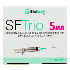 Изображение товара Шприц SF 3-х компонентный 5 мл с иглой 22 G 1 1/2 (0,7мм x 40мм) 100 шт