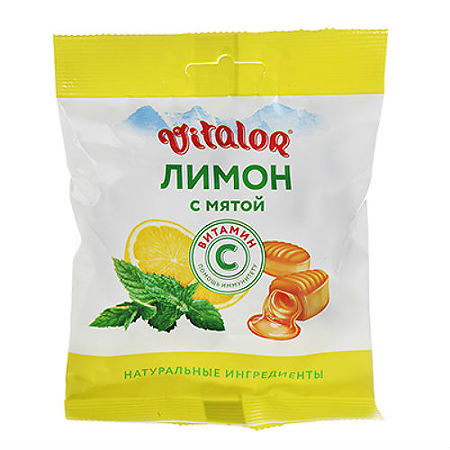 Виталор леденцовая карамель массой 3,8 г с витамином С со вкусом Лимона с мятой 60 г 1 шт