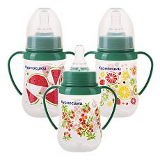 Купить Курносики бутылочка для кормления приталенная с ручками и 2-мя силиконовыми сосками молочными Фрукты арт.11020 6+ 125 мл 1 шт цена