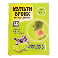 Купить Мульти-Бронх растительные пастилки массой 3250 мг со вкусом шалфей с лаймом 10 шт цена