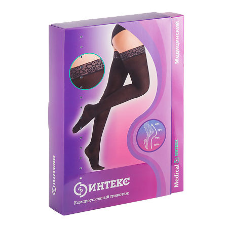 Чулки Интекс д/шир. бедра с ажурной силик. резин. 1 рост 2 кл. компрессии цв. черный р.L-EW 1 уп