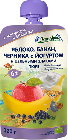 Fleur Alpine Органик Пюре яблоко-банан-черника-йогурт с 6 мес. пауч 120 г 1 шт