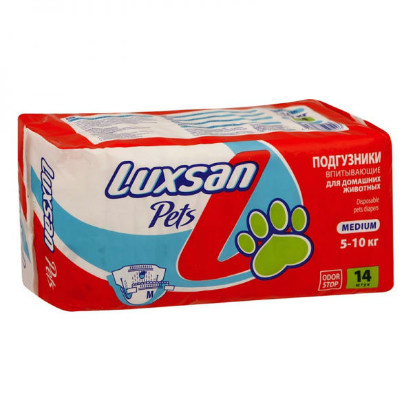 Изображение товара Подгузники для домашних животных Luxsan Pets M 5-10 кг 14 шт впитывающие Изображение товара Подгузники для домашних животных Luxsan Pets M 5-10 кг 14 шт впитывающие