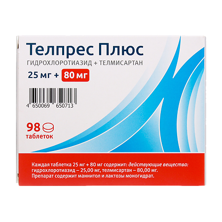 Изображение товара Телпрес Плюс таблетки 80 мг+25 мг 98 шт - комбинированное гипотензивное средство