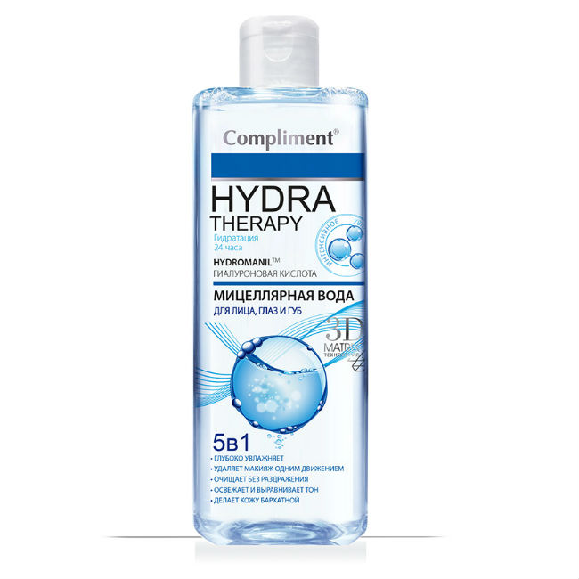 Изображение товара Мицеллярная вода Compliment Hydra Therapy 5в-1 для лица, глаз и губ 400 мл Изображение товара Мицеллярная вода Compliment Hydra Therapy 5в-1 для лица, глаз и губ 400 мл