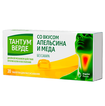 Изображение товара Тантум Верде таблетки для рассасывания 3 мг со вкусом апельсина и меда 20 шт