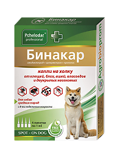 Изображение товара Пчелодар (Pchelodar) Бинакар капли на холку от блох, вшей и власоедов для собак средних пород (1 пипетка на 10 кг) 1 мл 4 шт