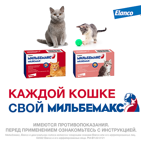 Мильбемакс таблетки 4 мг/10 мг от гельминтов со вкусом говядины для котят и маленьких кошек 2 шт