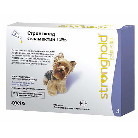 Стронгхолд капли от блох, клещей и гельминтов для собак 2,6-5 кг пипетки 12 % 0,25 мл 3 шт