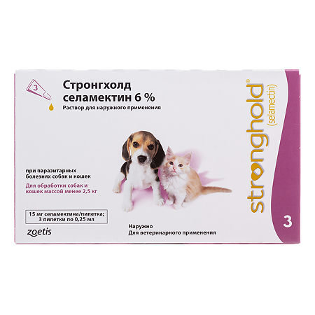 Стронгхолд капли от блох, клещей и гельминтов 6% для котят и щенков до 2,5 кг пипетки 6 % 0,25 мл 3 шт