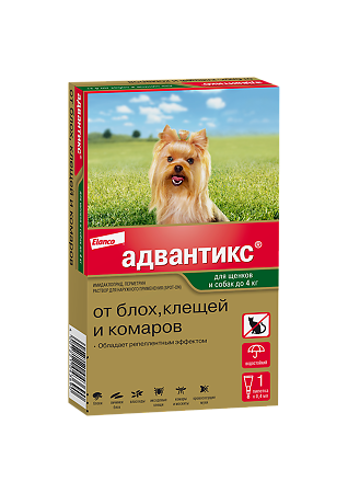 Адвантикс Капли на холку от блох,клещей и комаров для щенков и собак до 4 кг пипетка по 0,4 мл 1 шт