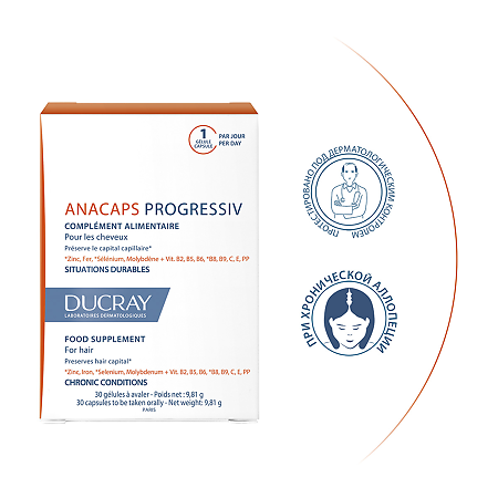 Ducray Аnacaps Прогрессив для волос и кожи головы капсулы, 30 шт.