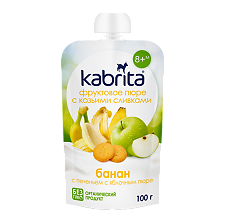 Изображение товара Kabrita Пюре фруктовое с козьими сливками Банан с печеньем с яблочным пюре 100 г 1 шт