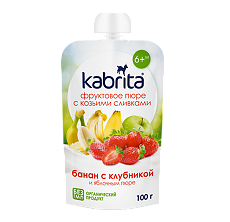 Изображение товара Kabrita Пюре фруктовое с козьими сливками Банан с клубникой и яблочным пюре 100 г 1 шт