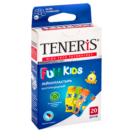 Лейкопластырь Teneris Fun Kids бактерицидный с ионами серебра на полимерной основе 20 шт