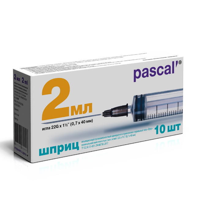 Изображение товара 3-компонентный шприц Pascal 2 мл с иглой 22G 10 шт Изображение товара 3-компонентный шприц Pascal 2 мл с иглой 22G 10 шт