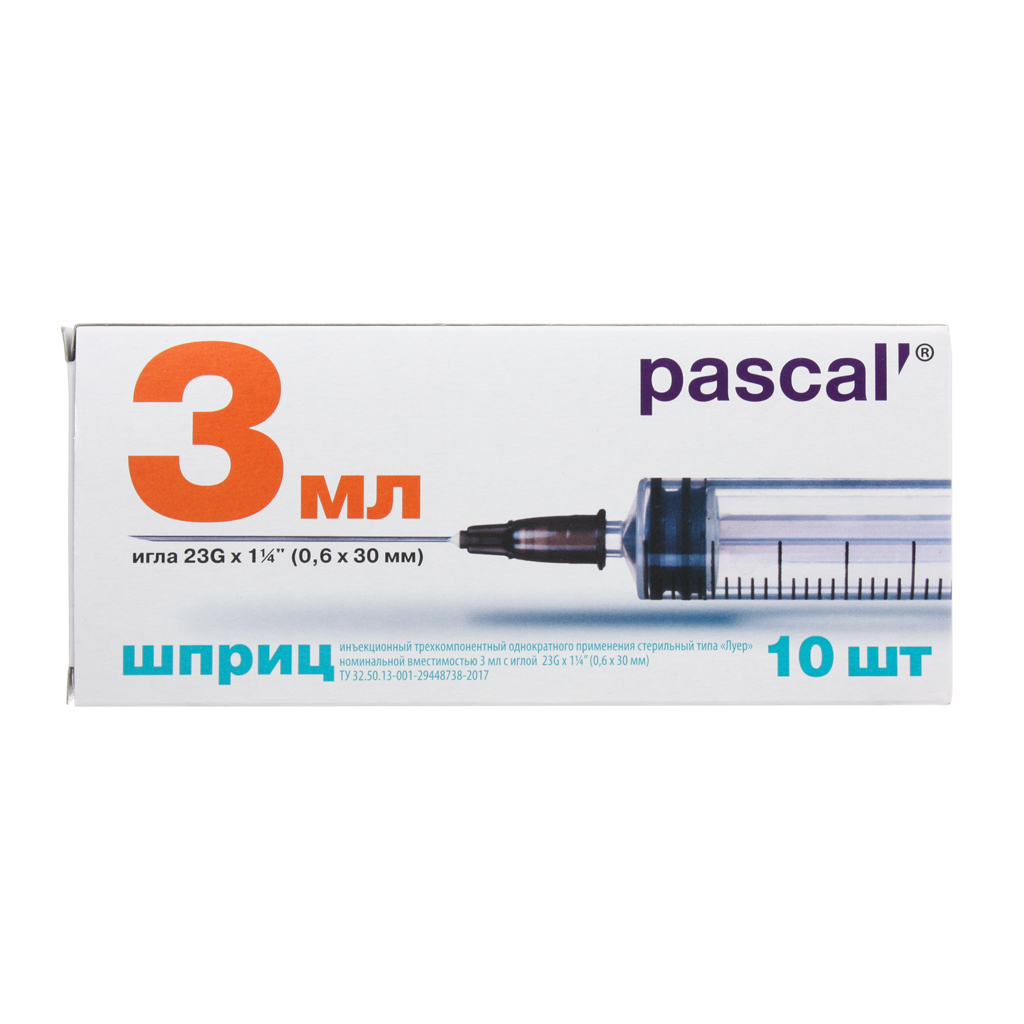Изображение товара Шприц трехкомпонентный Pascal 3 мл с иглой 23G 0,6х30 мм 10 шт Изображение товара Шприц трехкомпонентный Pascal 3 мл с иглой 23G 0,6х30 мм 10 шт