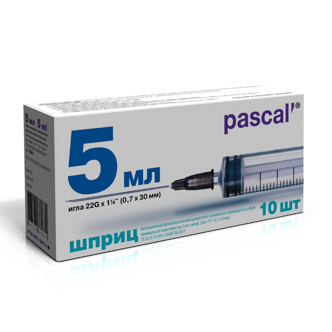 Изображение товара Шприц 3-компонентный Pascal 5 мл с иглой 22G 0,7х30 мм одноразовый стерильный Изображение товара Шприц 3-компонентный Pascal 5 мл с иглой 22G 0,7х30 мм одноразовый стерильный