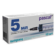 Изображение товара Шприц 3-х компонентный Pascal 5 мл с иглой 22G (0,7х40 мм) 10 шт