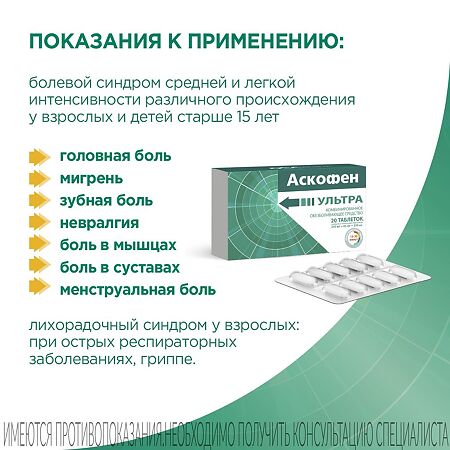Аскофен УЛЬТРА таблетки покрыт.плен.об. 250 мг+65 мг+250 мг 20 шт
