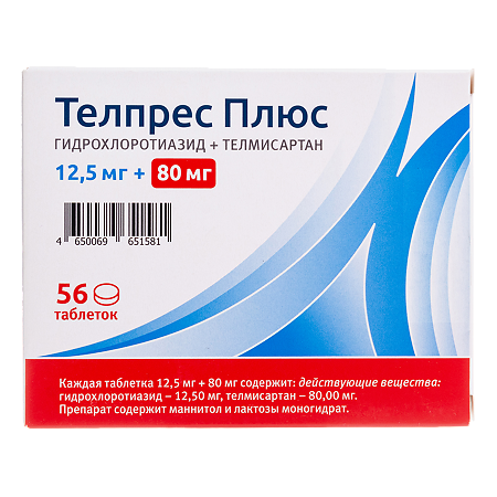 Изображение товара Телпрес Плюс таблетки 80 мг+12,5 мг для снижения давления 56 шт