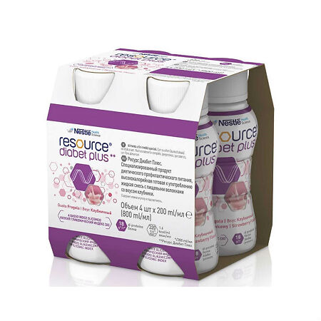 Изображение товара Resource Diabet Plus (Ресурс Диабет Плюс) питание на основе медленных углеводов с 6 лет клубника 200 мл 4 шт