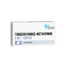 Купить Глибенкламид+Метформин таблетки покрыт.плен.об. 5 мг+500 мг 30 шт цена