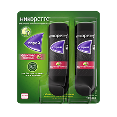 Купить Никоретте спрей для слизистой оболочки полости рта дозированный 1 мг/доза 150 доз фруктово-мятный 2 шт цена