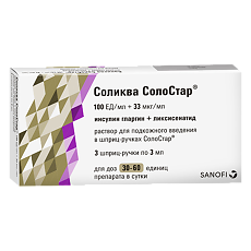Купить Соликва СолоСтар раствор для п/к введ 100 ед+33 мкг/мл 3 мл картриджи в шприц-ручках солостар 3 шт цена