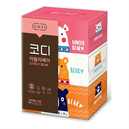 СангЯнг (SsangYong) Бумажные салфетки Codi 2-х слойные мягкие Любимые мишки 230 шт 3 уп