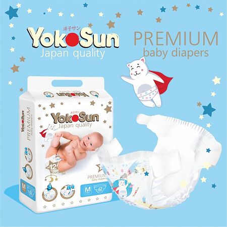 YokoSun Подгузники Premium р.M (5-10 кг), 62 шт