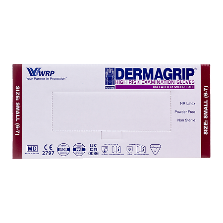 Перчатки латексные неопудренные Dermagrip HIGH RISK р-р S 50 шт