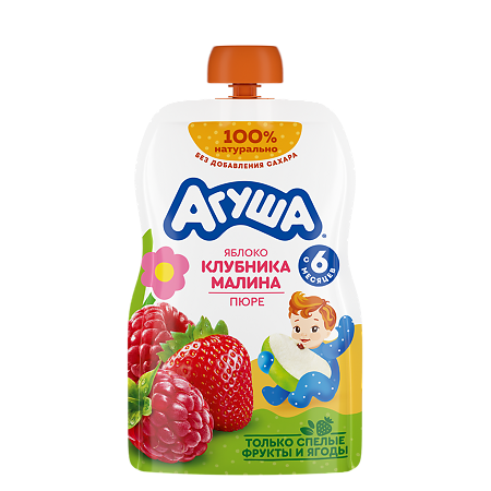 Агуша Фруктовые пюре Яблоко-Клубника-Малина с 6 мес пауч 90 г 1 шт