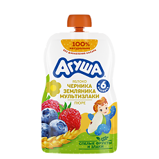 Купить Агуша Фруктовые пюре Яблоко-Черника-Земляника-Мультизлаки с 6 мес пауч 90 г 1 шт цена